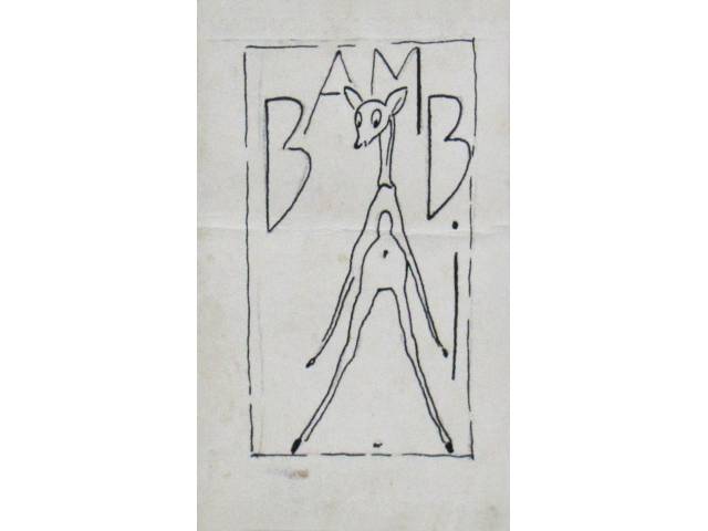 Antônio Gomide nanquim sobre papel 11 x 6,5 cm "Bambi" ass. verso. Com etiqueta de "A Galeria", ex-coleção Waldemar Szaniecki