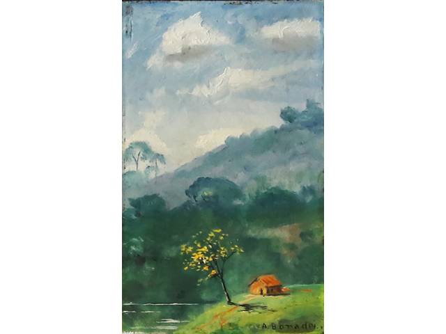 Aldo Bonadei óleo sobre madeira 21,5 x 12,5 cm “Paisagem com Casa” ass. inferior direito Com dedicatória ao sobrinho no verso e certificado de Soraia Cals Escritório de Arte