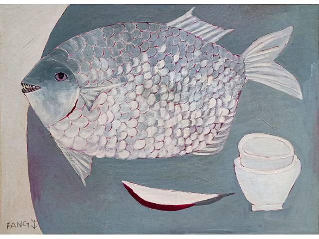 Fang, Chen Kong óleo sobre tela 80 x 60 cm "Peixe" ass. CIE e verso 1982