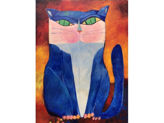 Aldemir Martins acrílica sobre tela 130 x 100 cm “Gato Azul” ass e datada CIE E Verso 1990  com cache Galeria Marques
