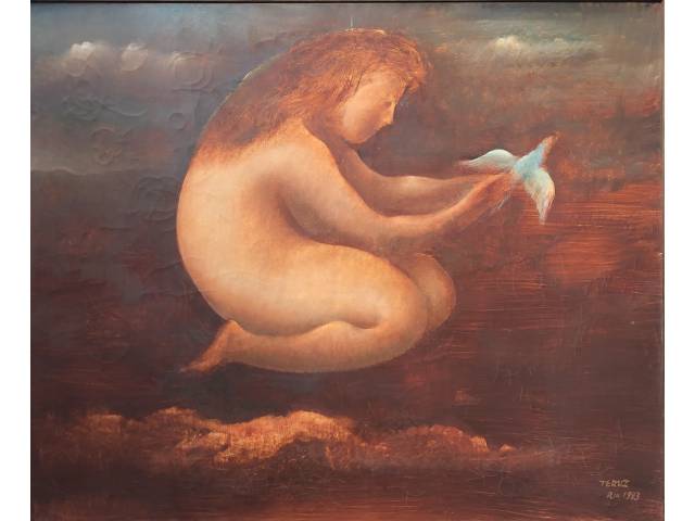 Orlando Teruz óleo sobre tela 80 x 100 cm “Figura Feminina e Pássaro” ass e datada CID  Verso 83