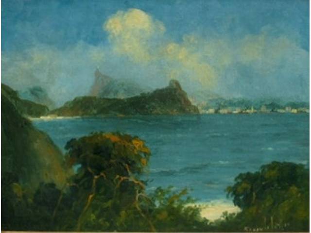 Francisco Coculilo óleo sobre eucatex 29 x 38 cm "Montanha" assinada CID com biografia do artista no verso