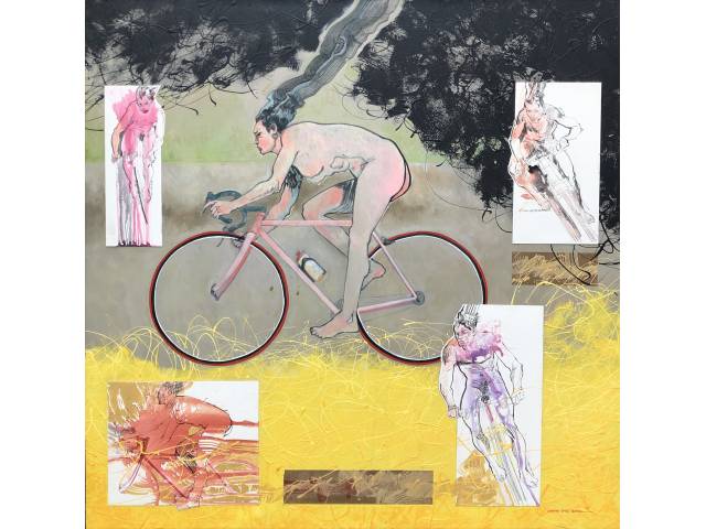 Otoni Gali Rosa técnica mista com colagem 80 x 80 cm intitulada “A ciclista de agosto 18” assinada e datada CID 2018