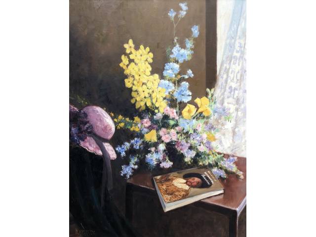 Washington Maguetas óleo sobre tela 80  x 60 cm  intitulado "Arranjo de Flores" assinada CIE