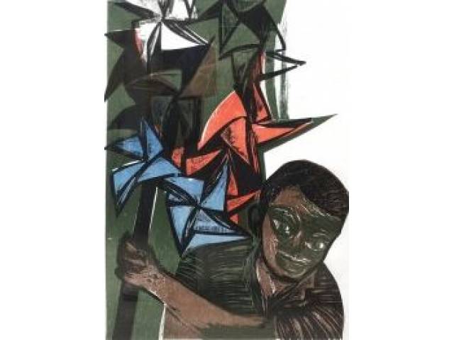Emanoel Araújo xilogravura 36 x 51 cm intitulada "Menino com Catavento" assinada e datada CID 1964 feita originalmente para o álbum "Bahia"(São Paulo: Cultrix, 1965) com número de catalogação BR 3827