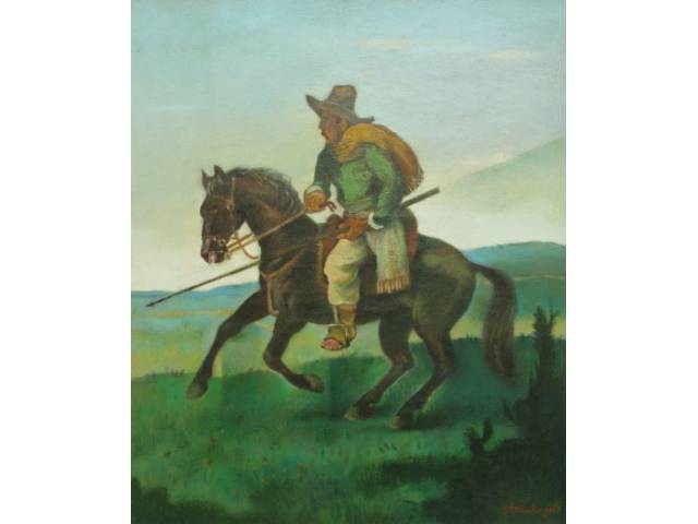 Ado Malagoli óleo sobre tela 50 x 60 cm intitulada "O Lanceiro" assinada CID e verso reproduzido no livro" Malagoli visto por Quintana" pag 71